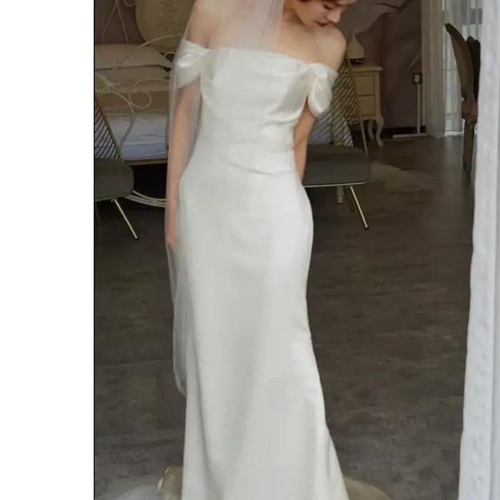 Robe de Mariée Simple et Élégante avec Petite Traîne, Tenue de Soirée Formelle, Vintage, Française,