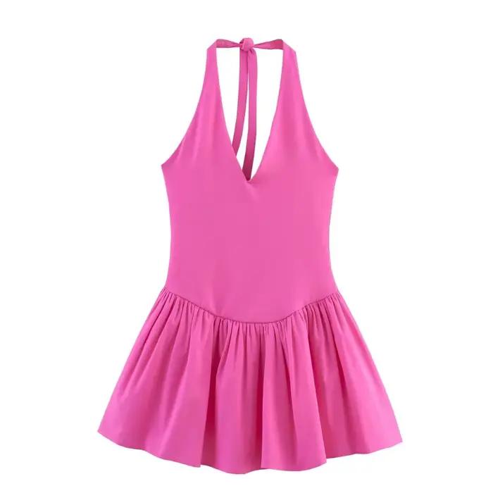 BSAY robe pour femmes mode été nouvelle couleur unie licou col en v dos nu Mini robes français Chic