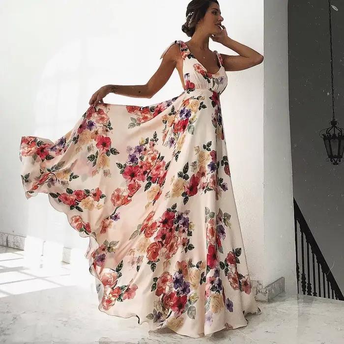 Robe longue style Boho, robe de plage, vacances, col licou, maxi imprimé, robe d'été, robe pour femm