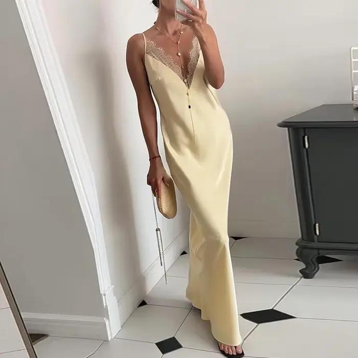 Robe longue sexy en dentelle patchwork pour femme, col en V, sans manches, collection Printemps-Été
