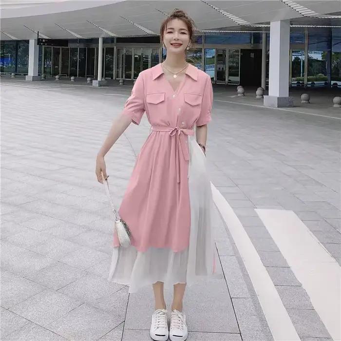 Robe midi femme été 2025 style français taille haute manches courtes coupe longue confortable décont