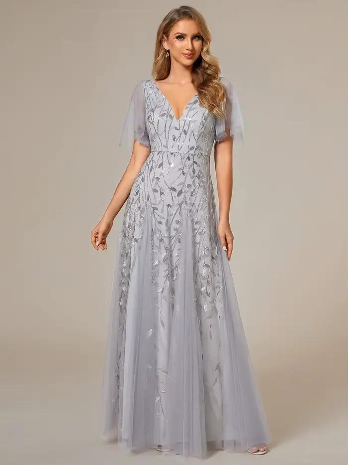 Robe de soirée élégante, col en V profond, manches à volants, manches courtes, Ever Pretty, en gaze