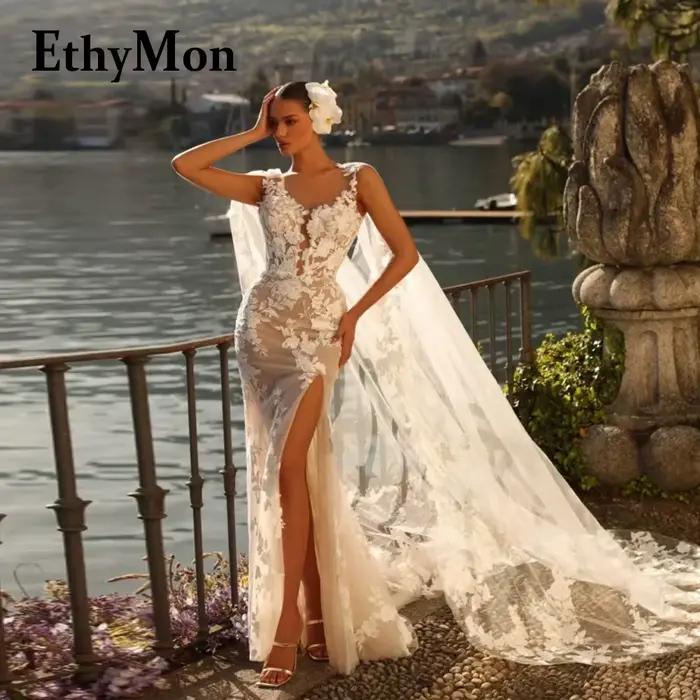 Ethymon charmante haute fente robes De mariée pour mariée sirène Cape dentelle Appliques dos nu robe