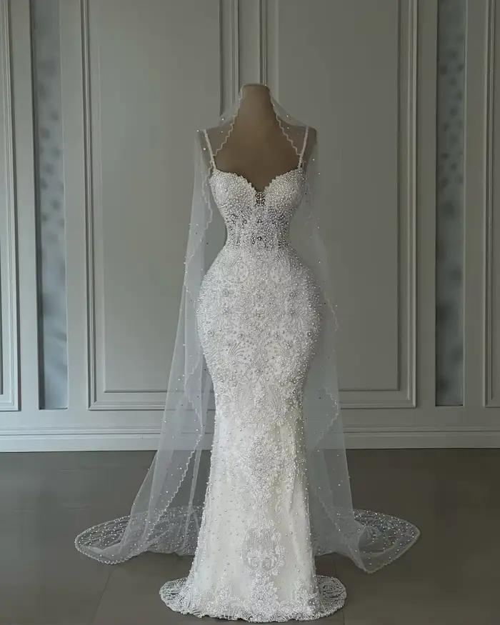 Robe de mariée sirène de luxe pour femme, ornée de perles scintillantes, col cœur, élégante, Vestido