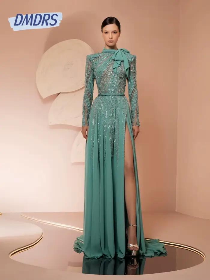 Robe de soirée musulmane à col haut, Sexy, fente latérale, paillettes, broderie de bal, personnalisé