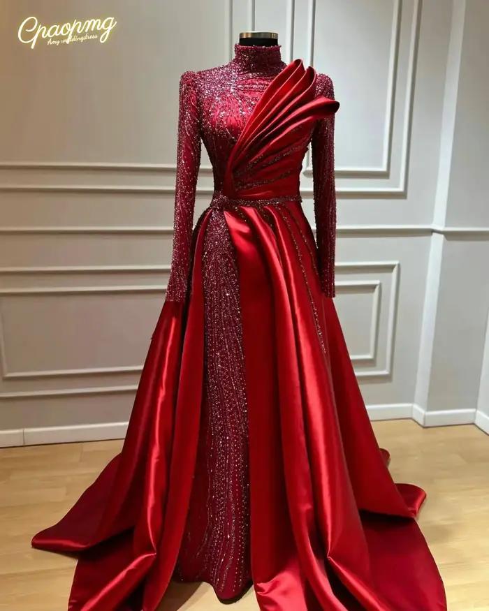 Robe de soirée musulmane rouge vin personnalisée, manches longues, col haut perlé, robes de soirée d