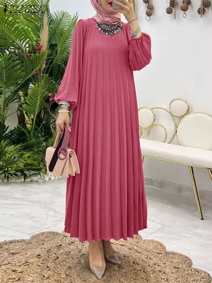 ZANZEA-Robe d'été plissée à manches longues lanterne pour femmes musulmanes, Kaftan, Robe éducative,