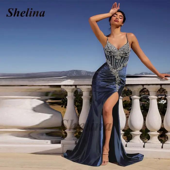 Shelina Opulent Robes De bal bretelles Spaghetti strass Mermiad haute fente sur mesure Occasion Robe