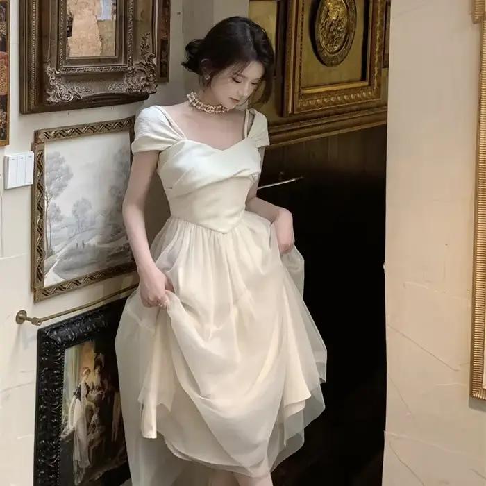 Robe mi-longue princesse pure pour femme, tenue de soirée en maille, élégante, douce, épissée, chic,