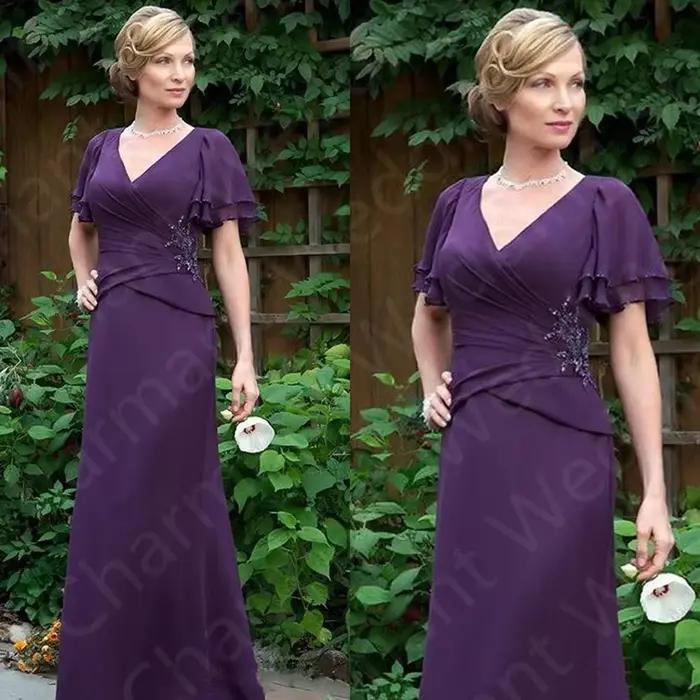 Nouvelle arrivée 2023, robe de mère de la mariée violette à manches courtes, robes longues à paillet