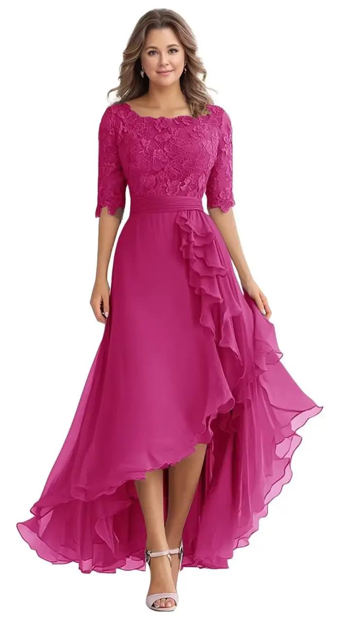Robes mère de la mariée pour invités de mariage, longueur thé, dentelle appliquée en mousseline de s