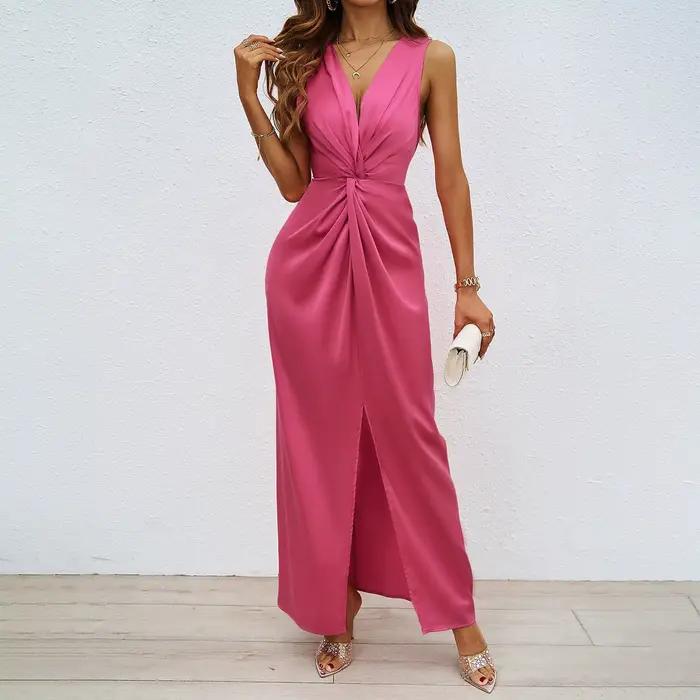 Robe de soirée pour femmes, tenue formelle élégante, Sexy, sans manches, décolleté en V profond, pli