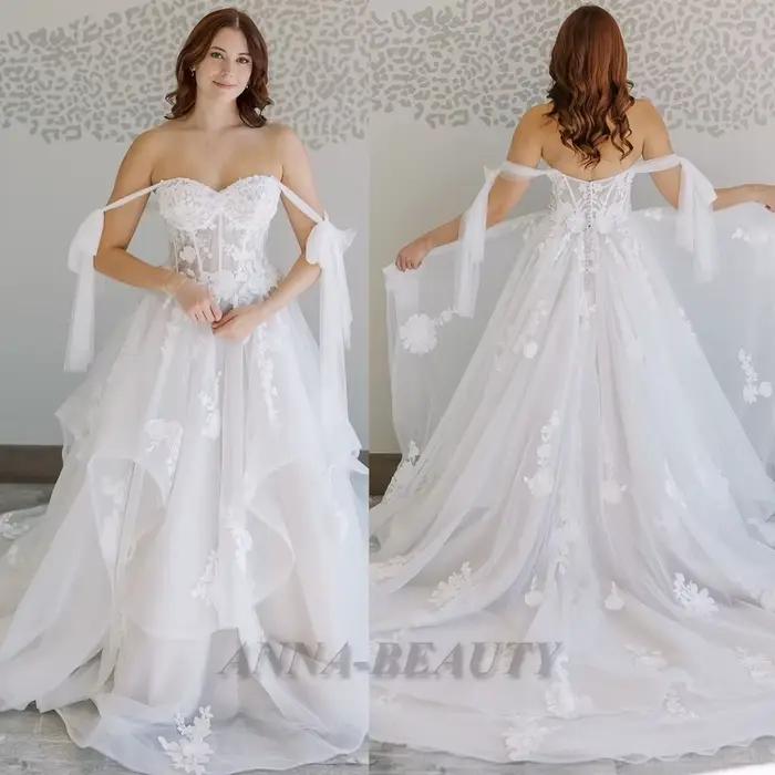 Anna – robe de mariée à volants, attrayante, en dentelle, avec des Appliques en cœur, bretelles Spag