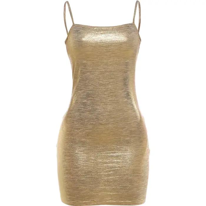 Robe moulante mini Kliou sexy dorée brillante pour femme, col bas, dos nu, sans manches, coupe ajust