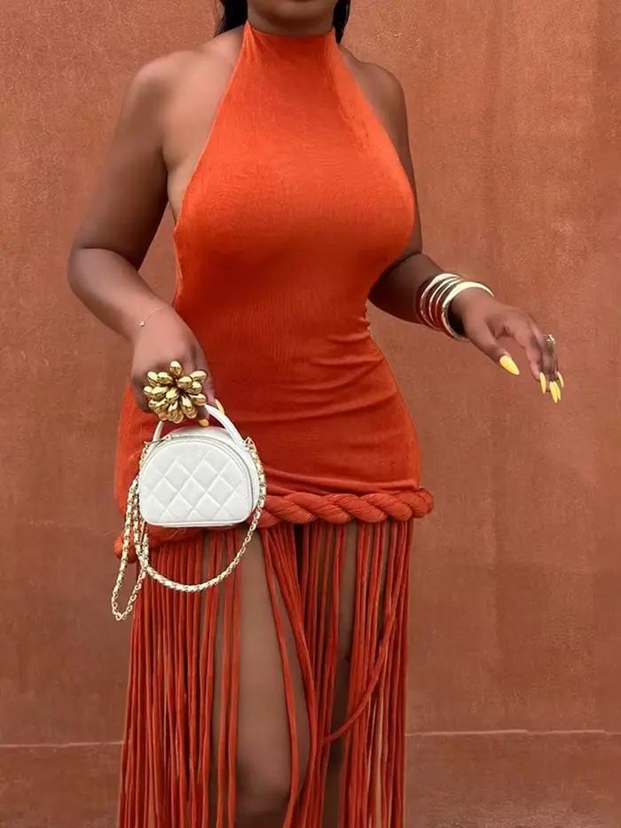 Robe longue Leosoxs à franges pour femme, sexy, dos nu, élégante, moulante et extensible, idéale pou