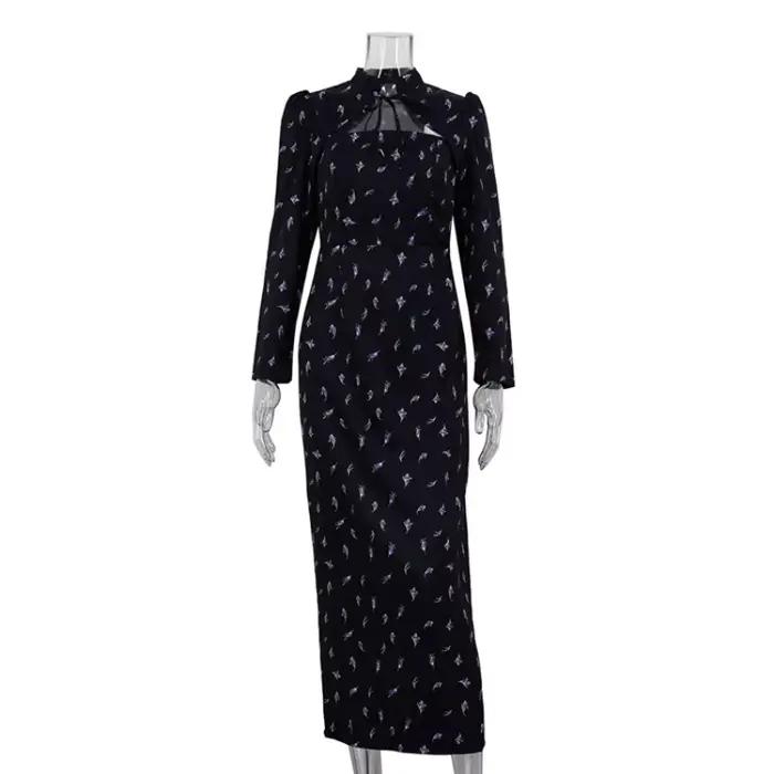 Robe à manches longues pour femmes, automne, bureau français, imprimé, col montant, Corset, fente fi