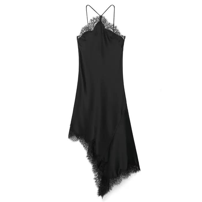 Robe longue en satin à bretelles et dentelle pour femmes HH, dos nu, ourlet asymétrique, robes longu