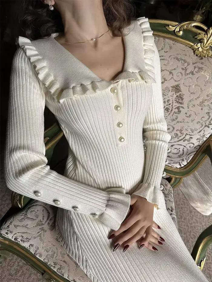 Robe à volants en forme de feuille de lotus pour femmes, nouvelle jupe tricotée rétro longue en lain