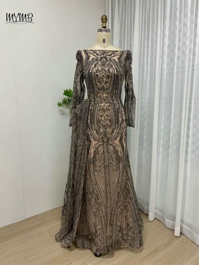 MYMB marron manches longues femmes robes de soirée de mariage musulman haute qualité perlée sirène r