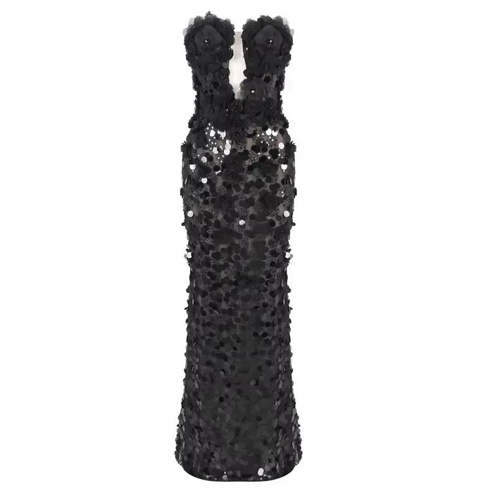 Robes de soirée noires à paillettes florales – Conception sans bretelles avec détail en dentelle tra