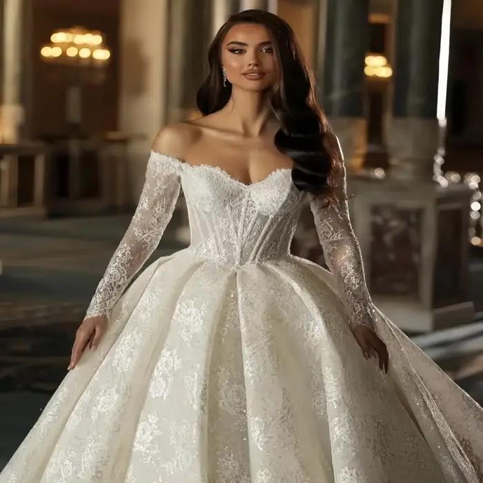 Robes De mariée De luxe personnalisées en dentelle, ligne A, paillettes, col en V, manches longues,