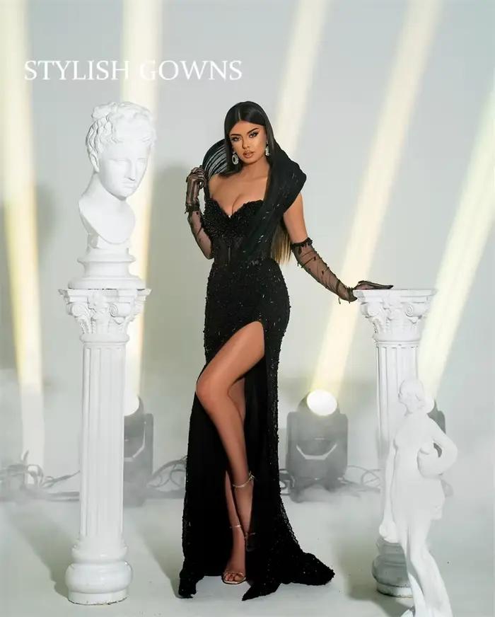 Robe de Soirée Noire Élégante avec Perles et Fente Latérale pour Femme, Tenue Personnalisée avec Seq