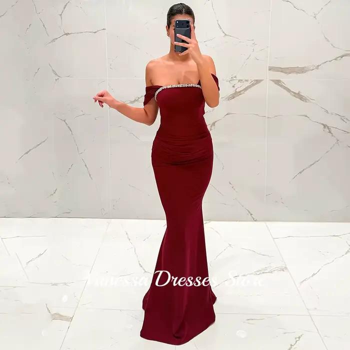 Robe de soirée sirène bordeaux Vanessa à épaules dénudées, personnalisée, en jersey, avec cristaux,