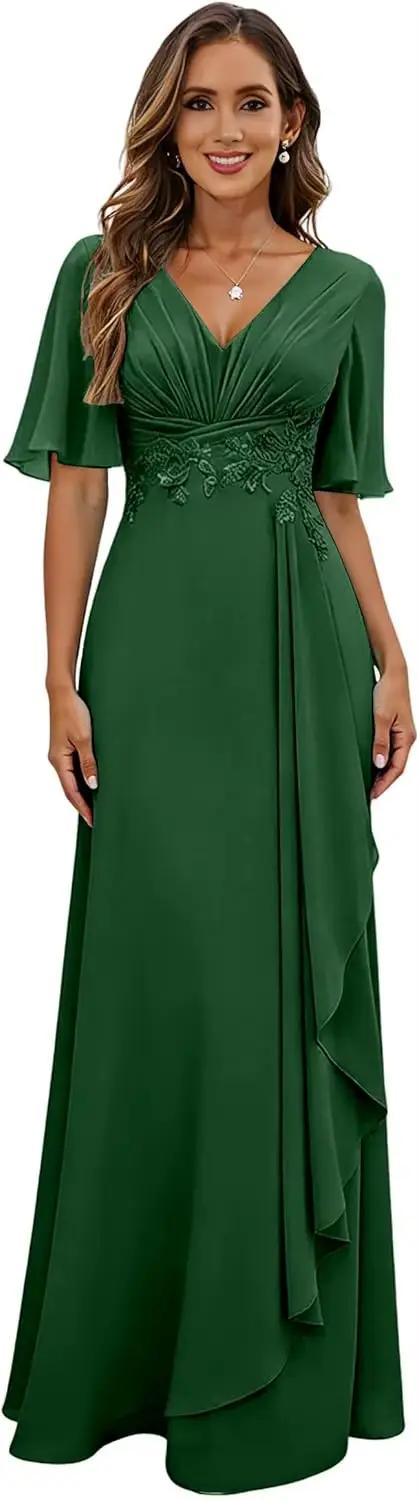 Robes de bal longues à col en V pour femmes 2026, robe de soirée sexy en mousseline avec appliques,