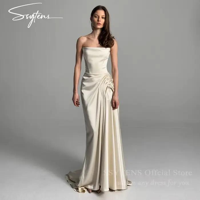 Robe de mariée élégante beige clair SSYTENS, drapée, en satin de soie, longueur ras du sol, personna