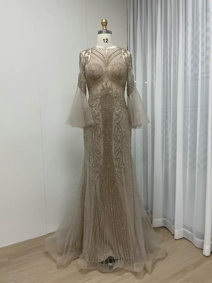 MYMB luxe Caramel sirène perlée soirée robe formelle pour la fête de mariage élégant arabe manches l