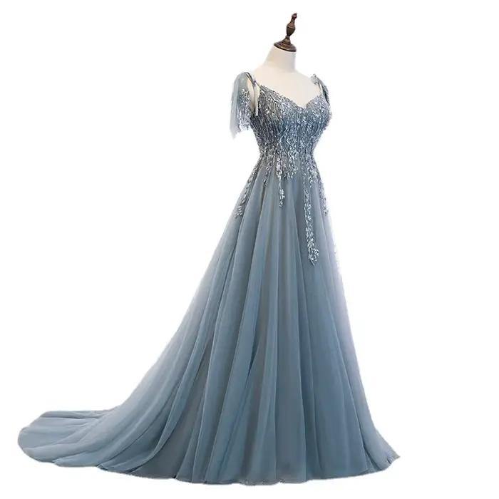 Paillettes robes de bal de soirée Simple Tulle col en v à lacets dos robes robes de bal formelles