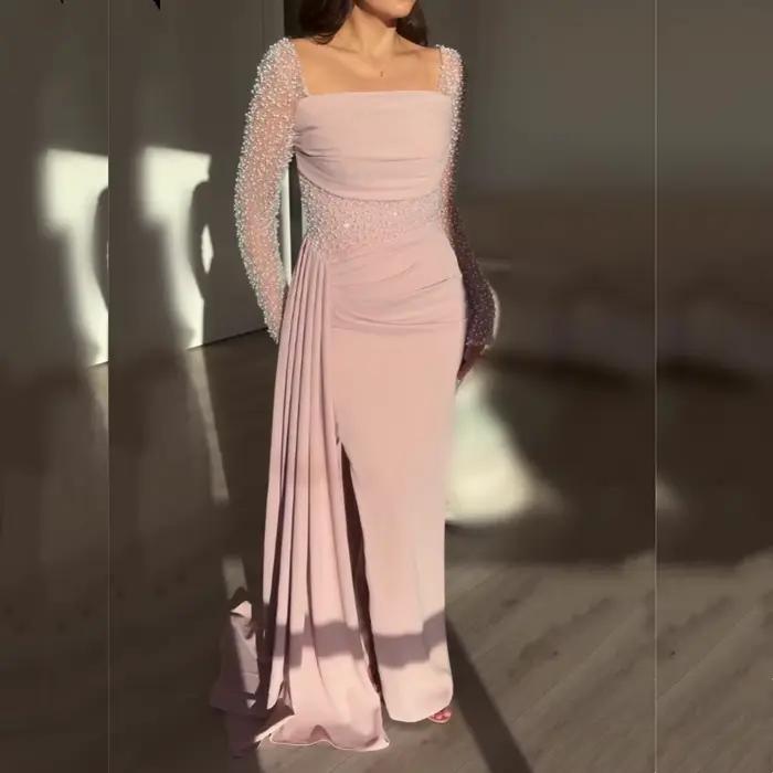 Robe longue classique à paillettes personnalisées, col carré plissé, manches longues, robe de soirée