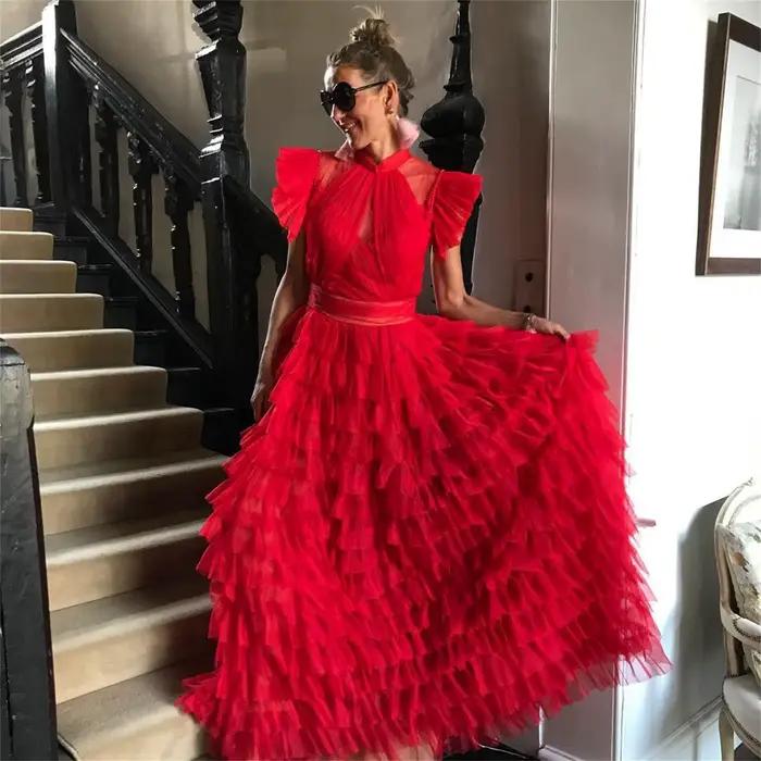 Aileen rouge élégant luxe robes de soirée pour Occasions spéciales multicouche personnalisé a-ligne