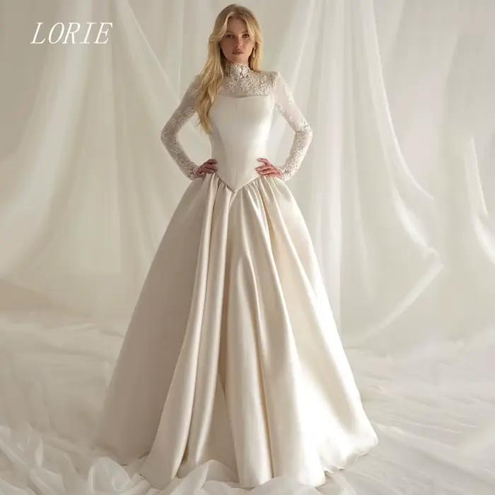 Robe de mariée civile élégante LORIE coupe trapèze, col montant, en dentelle, pour fiançailles et ma