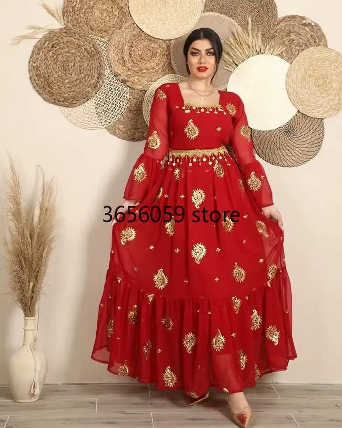 Abaya Jalabiya-Robe rouge brodée à manches évasées, robe élégante du Moyen-Orient, col carré, quelle