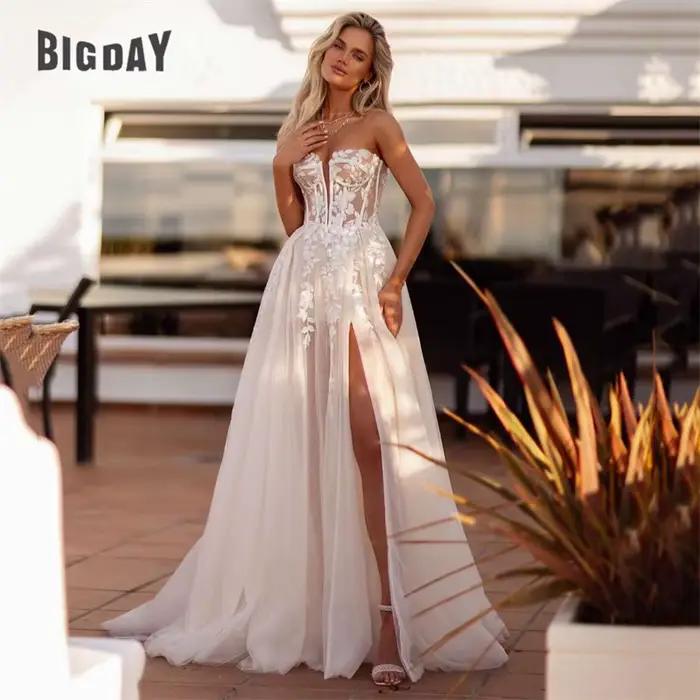 Robe De mariée trapèze élégante en dentelle pour femmes, en Tulle, dos ouvert, fente sans bretelles,
