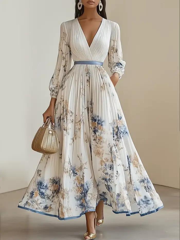 Robe Maxi élégante à manches longues pour femmes, mode d'été, Slim, imprimé Floral, col en v, robes