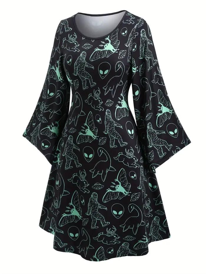 Robe de soirée d'Halloween pour femme, grande taille, imprimé dessin animé, col rond