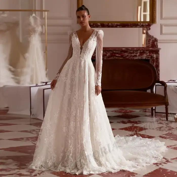 VIKTORIA-Robes de mariée A-Line pour femmes, train court, appliques en dentelle, col en V froncé, ro