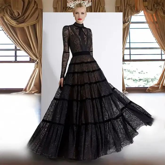 Robe de soirée en dentelle noire, col rond, Vintage, manches longues, longueur au sol, en Tulle à pl