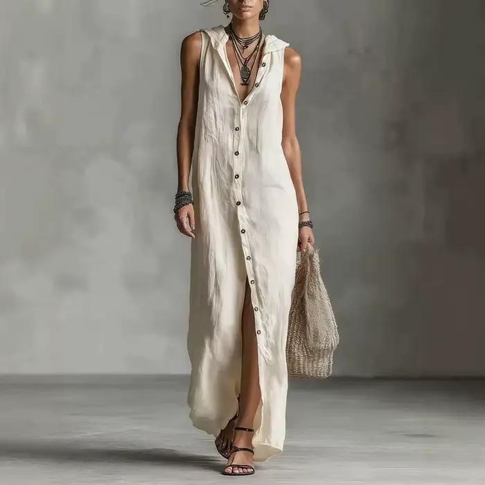 Robe longue bohème pour femme, en lin uni, ample, fendue, à simple boutonnage, à capuche, décontract