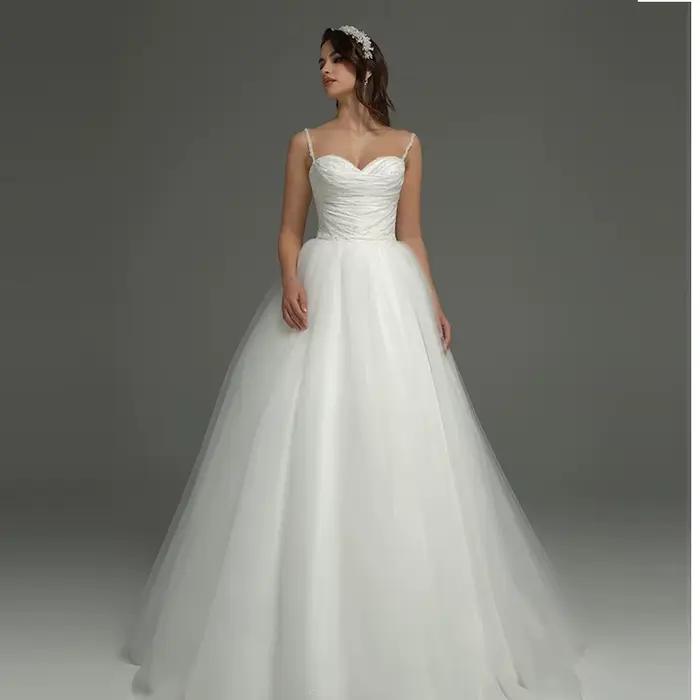 Robe de mariée simple, ligne a, longueur au sol, en Organza avec perles, sans manches, col en v, per