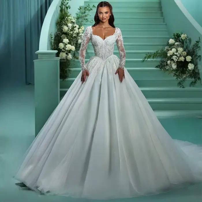 Robes De mariée De luxe ligne A pour femmes, avec des Appliques en dentelle, manches longues, person