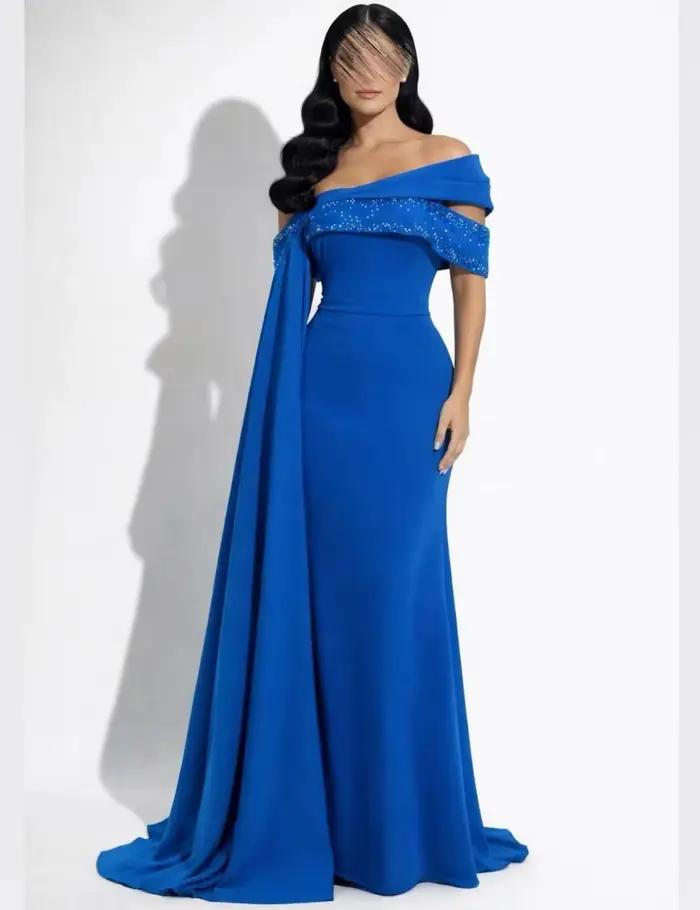 Robe de soirée longue sur mesure en mousseline bleu roi, style rétro, unisexe, en jersey, pour occas