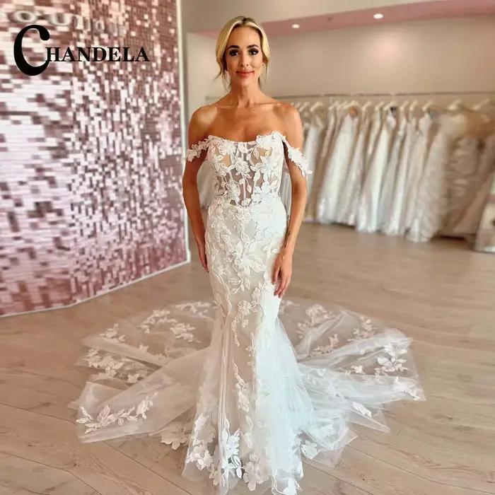 CHANDELA glamour chérie robe de mariée hors de l'épaule sans manches trompette dentelle Appliques fe