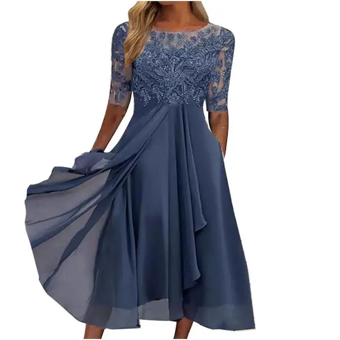 Robe de soirée élégante en mousseline de soie brodée, col rond, manches courtes, robe de luxe, robes