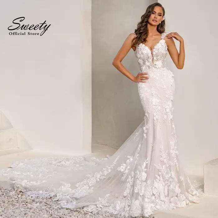 Robe De mariée sirène élégante en Organza avec broderie, ligne Slim, col en v, sans manches, personn