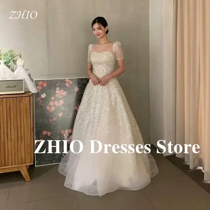 ZHIO robes de mariée à paillettes scintillantes corée séance Photo manches courtes col carré Tulle r