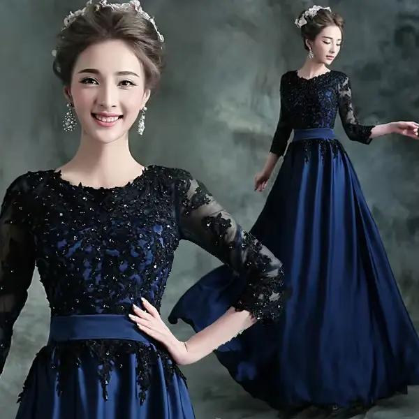 Robe de mariée à paillettes à manches longues pour mariée, jupe trapèze personnalisée, bleue et noir