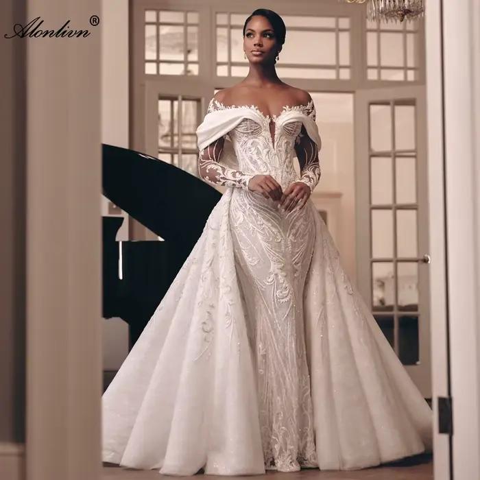 Alonlivn sur mesure luxe dentelle 2 en 1 robe de mariée sirène perles broderie Illusion cou trompett